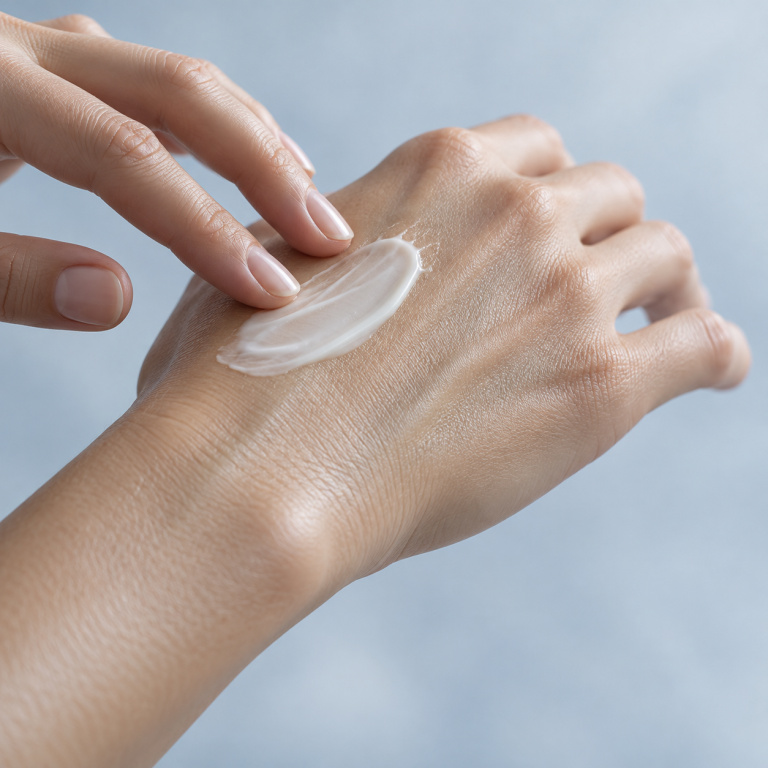 將乳霜輕輕塗於手背 / Applying moisturizer to the back of a hand
