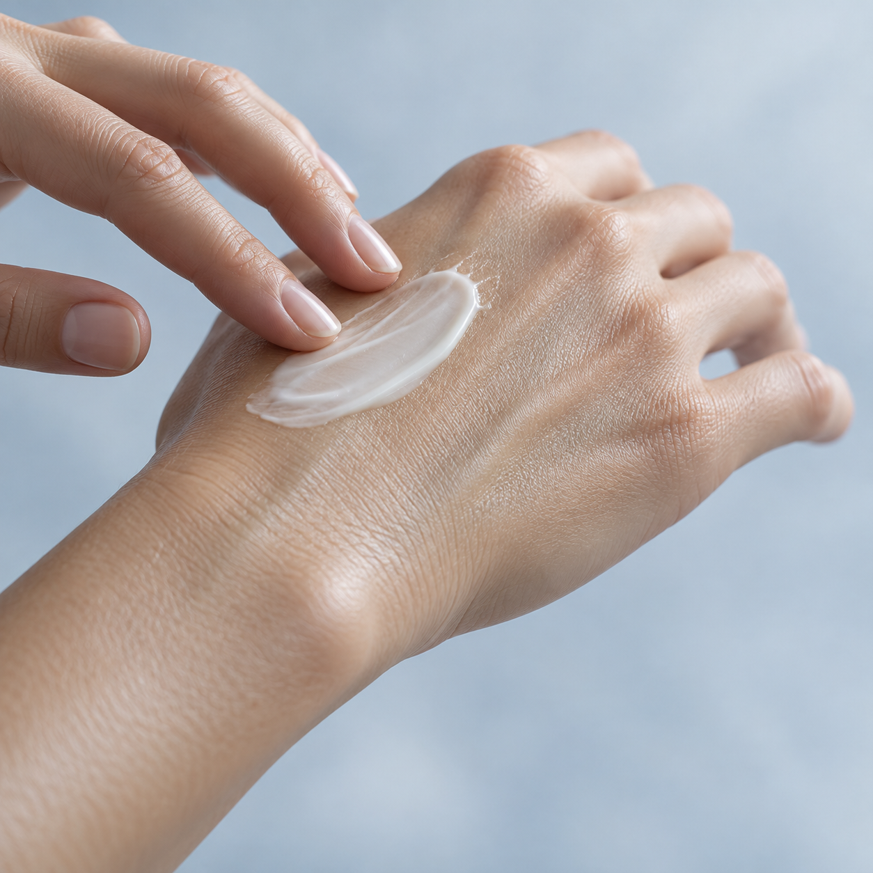 將乳霜輕輕塗於手背 / Applying moisturizer to the back of a hand