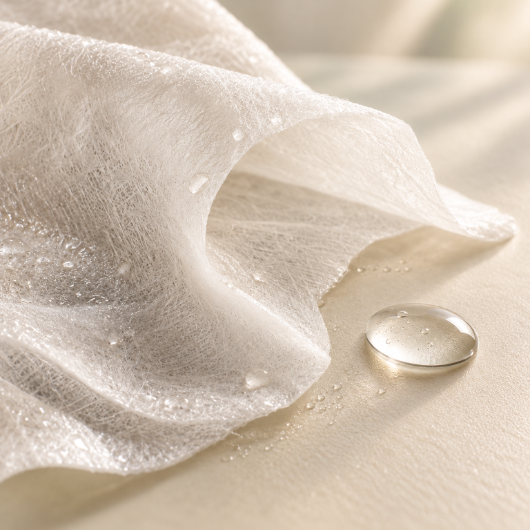 面膜纖維與精華液滴的柔光特寫 / Sheet-mask fibres and a serum droplet