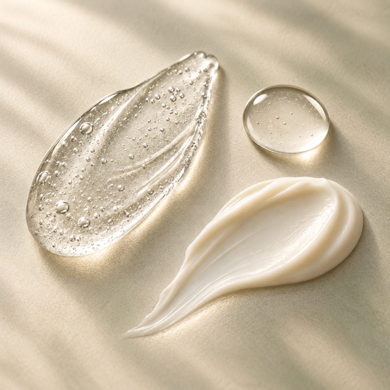 潔面啫喱、精華液滴與乳霜質地 / Cleansing gel, serum and cream textures