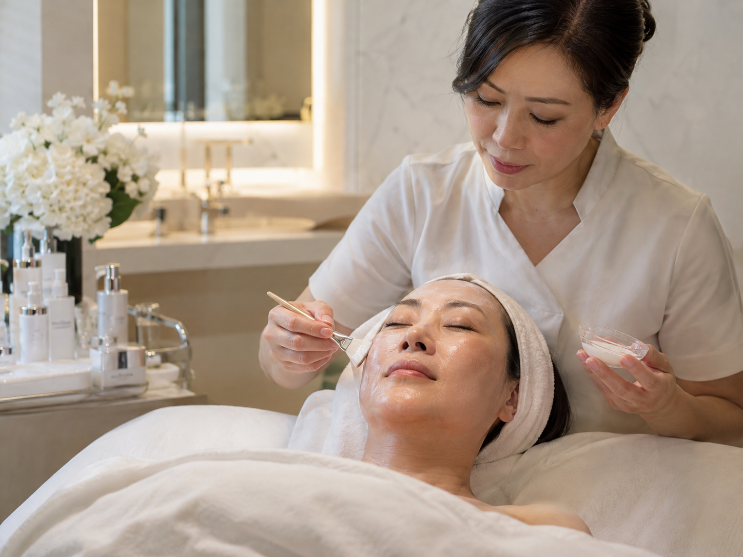 Illustrative photograph of professional facial treatment with mature Hong Kong Chinese client and therapist