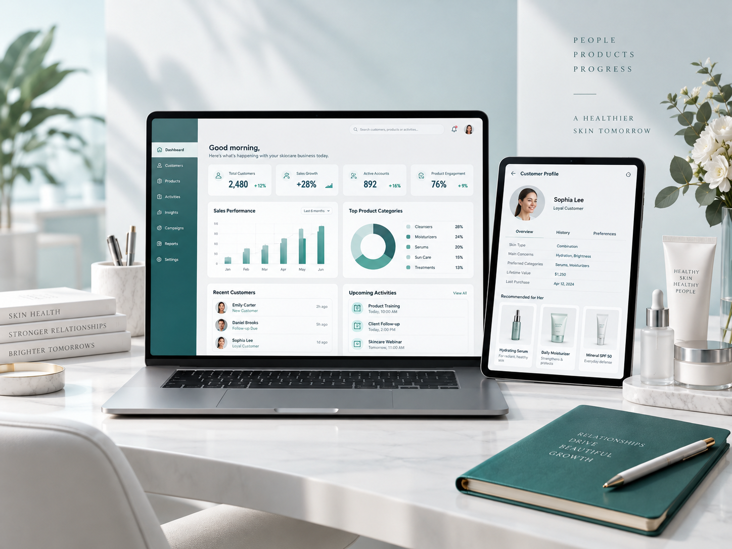 SALESMATRIC sales management platform concept with laptop dashboard and customer information